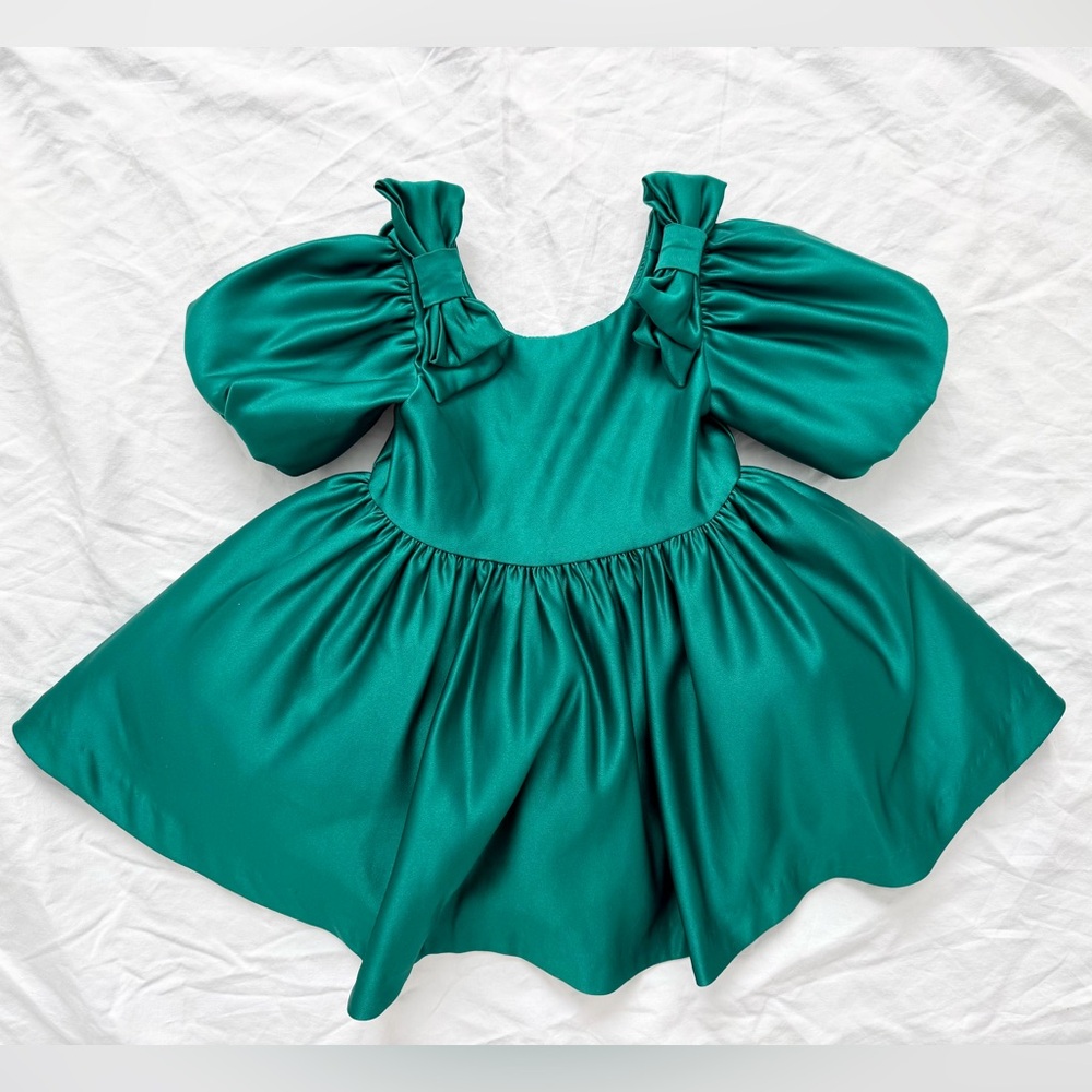 Janie & Jack The Satin Holiday Dress Emerald Green | Toddler 18-24m - Picture 5 of 14